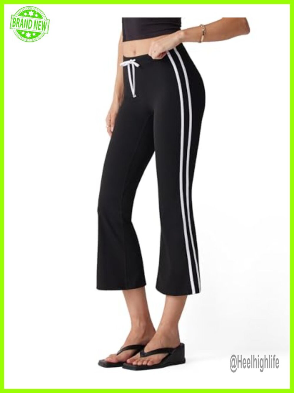 High Waisted Flare Capri Yoga Pants Side Stripe Drawstring Bootcut Cropped